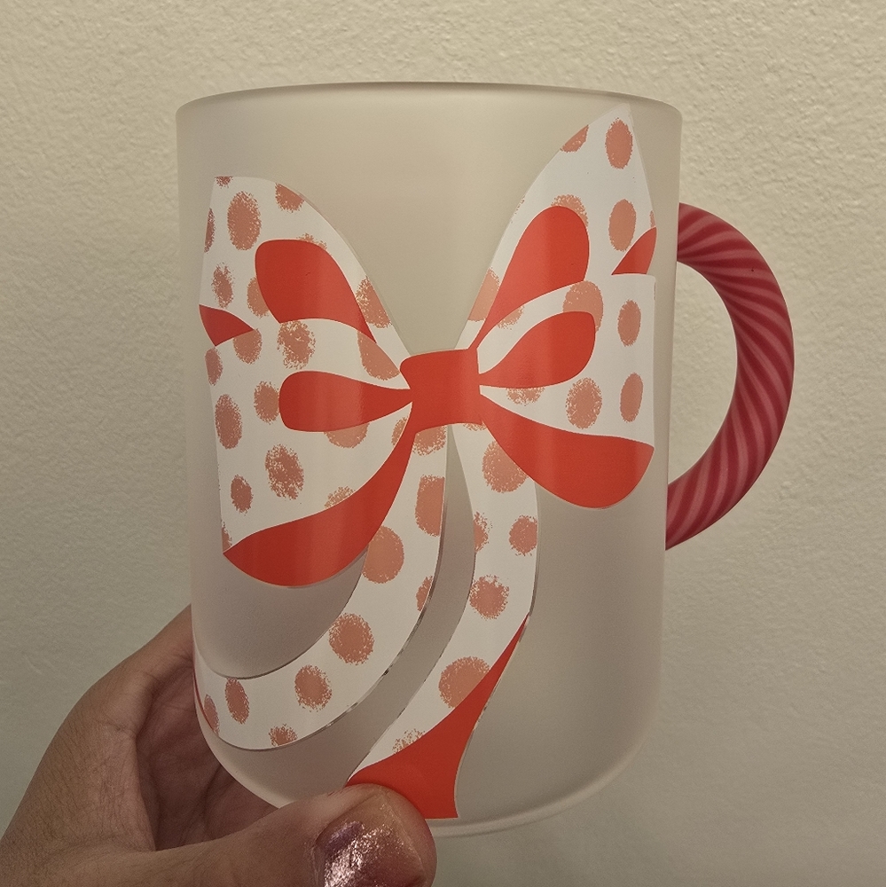 NWT Starbucks LATAM Holiday Frosted Glass Mug Red and White Polka Dot Bow, 14 Oz
